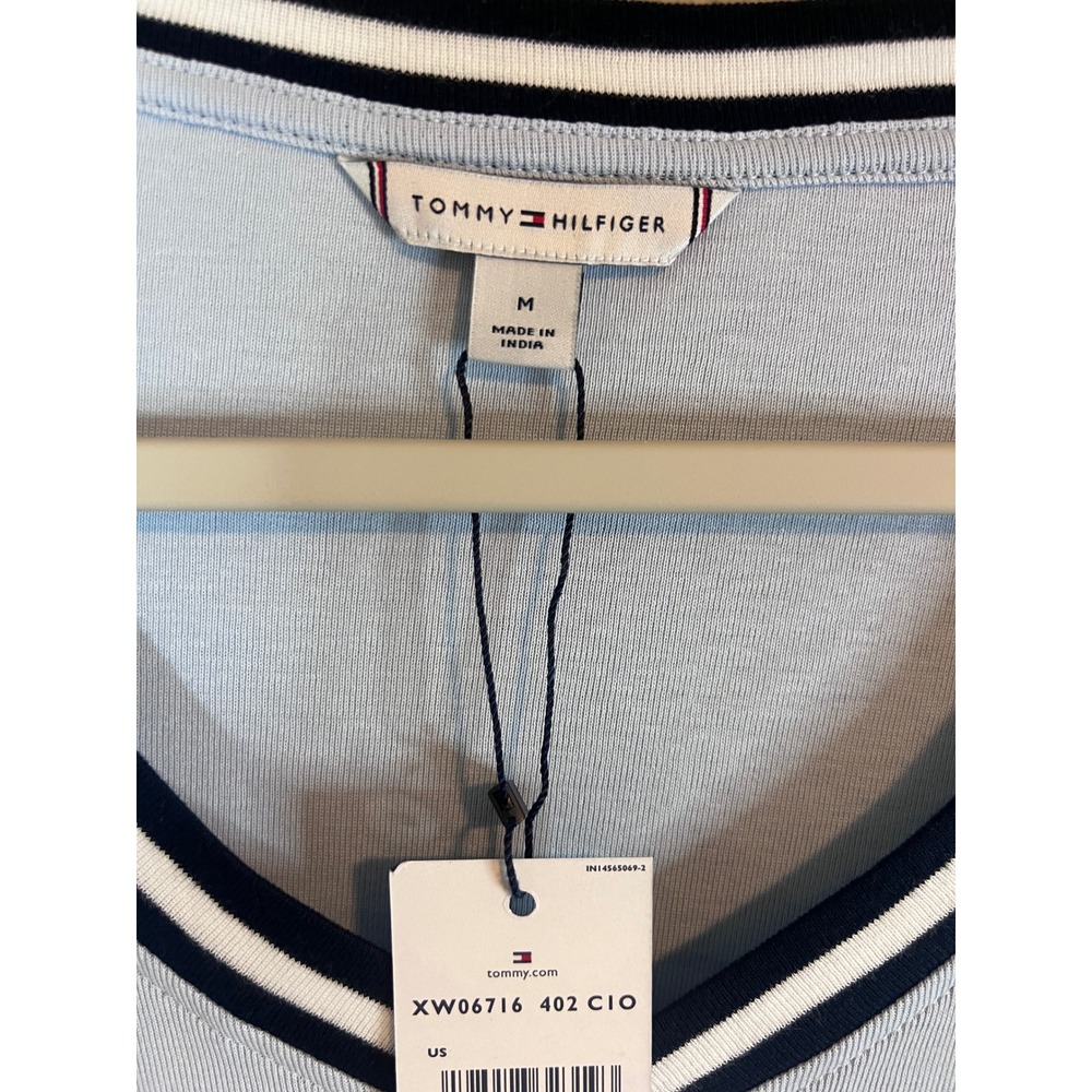 Tommy Hilfiger Womens V-Neck T-Shirt Light Blue Striped Trim XW06716 Size M - Picture 4 of 7